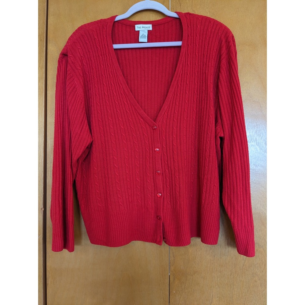 Vintage 90s The Avenue Red Ribbed Cardigan Sweater Plus Size2X Cable Knit Grunge